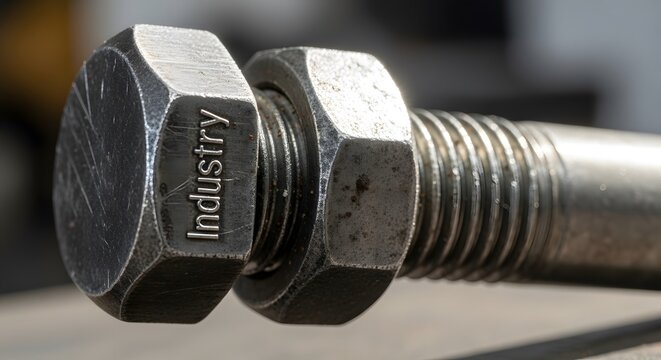 A close-up macro view of a metallic bolt head engraved with the word Industry and a matching nut.