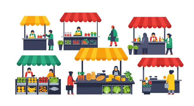 Diverse Market Stalls with Vendors and Shoppers, Fresh Produce and Goods Displayed