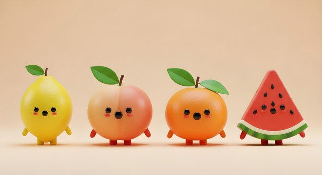 Charming 3d render of cartoon fruits with faces in a playful arrangement