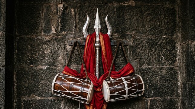 Trident (Trishul) with damru and red cloth against stone wall, Lord Shiva symbol