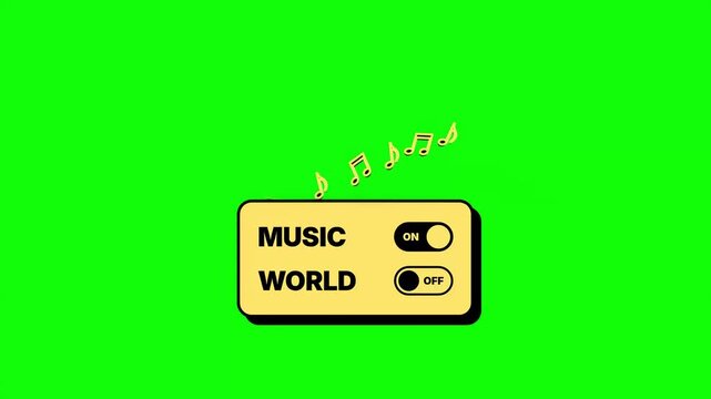 Dynamic graphic illustration depicting an interactive music world concept with toggle switches and floating musical notes for digital media applications