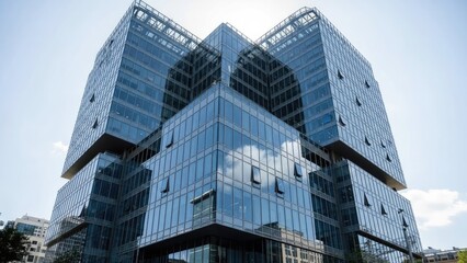 Naklejka premium A modern glass building with a unique architectural design stands tall