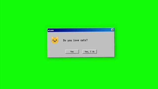Playful retro computer dialogue box featuring a cute pixel cat icon queries user affection for felines on a vibrant chroma key background
