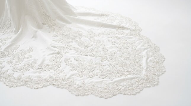 A beautiful white lace wedding dress skirt on a plain background