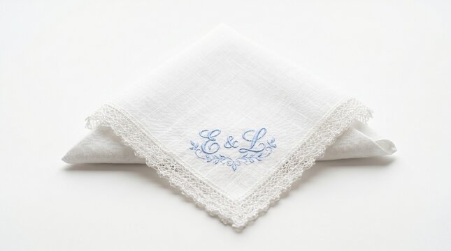 A folded white handkerchief with blue embroidery on a plain white background