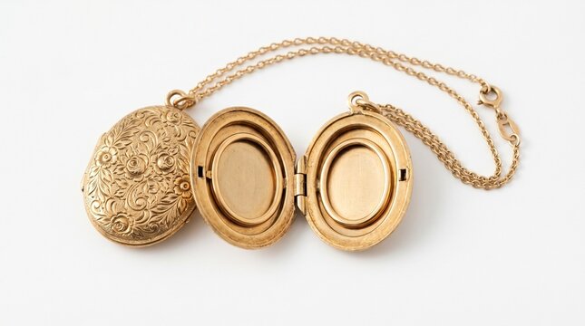 A gold locket with an intricate design lies open on a white surface with its chain