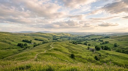 Fototapeta premium A picturesque landscape of rolling green hills and meadows with a winding path leading through the countryside, under a cloudy sky with patches of sunlight filtering through.