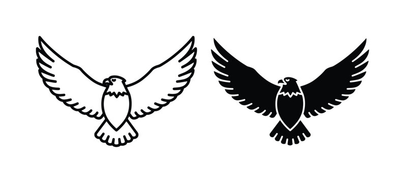 Bald eagle vector icons with spread wings, soaring hawk silhouette and outline graphics, majestic bird of prey logo set for branding and heraldry