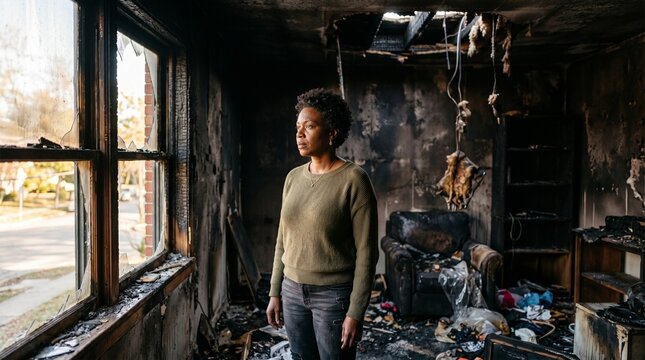 A woman stands in the ruins of her home after a devastating fire has left everything in ashes