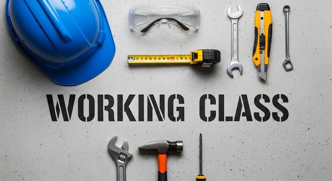 A top-down view of industrial tools and a blue hard hat arranged around the text Working Class.