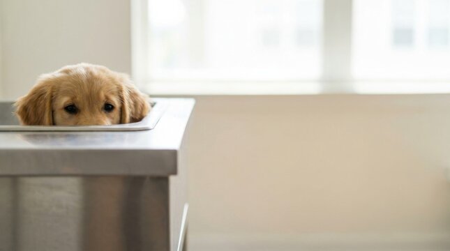 Playful dog sitting on a table with a joyful attitude and bright eyes in a light-hearted domestic setting