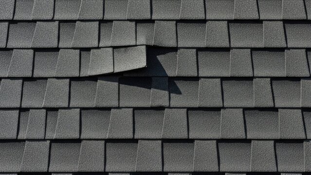 A damaged gray shingled roof with a missing or lifted shingle
