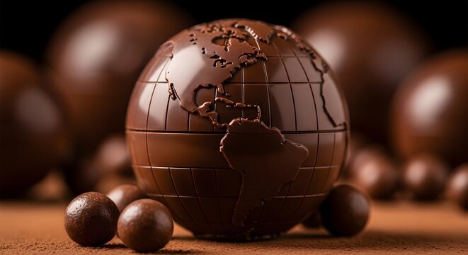 Realistic chocolate globe with world map on cocoa powder background