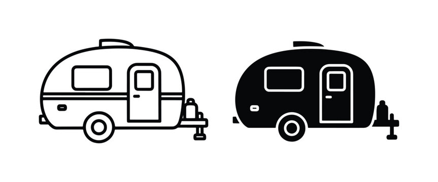 Retro camper trailer vector icons, vintage teardrop caravan line art, minimalist camping vehicle silhouettes for travel and outdoor adventure design