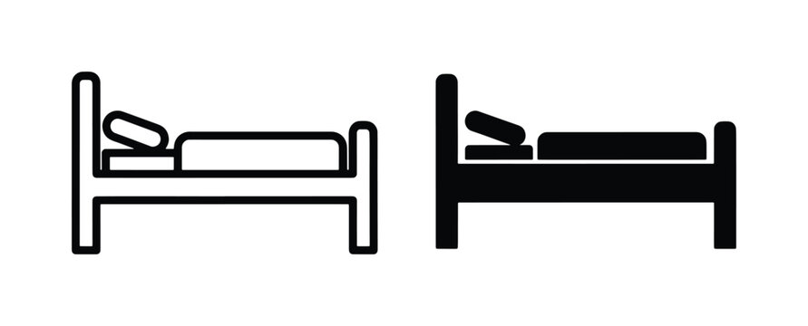 Minimalist bed icon set, black outline and solid silhouette bed symbols, modern furniture vector graphics for hotel and bedroom signage