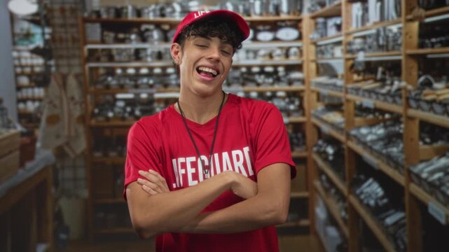 Lifeguard teen pointing index finger and smiling, visible arm with whistle necklace, red cap and shirt in an indoor retail building; playful confidence.