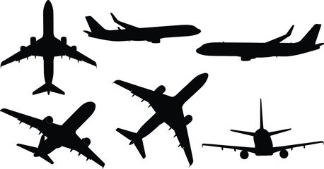 Military and vintage aircraft silhouette collection, set of seven black vector icons featuring fighter jets, propeller planes, biplanes, and helicopters isolated on white. © Only
