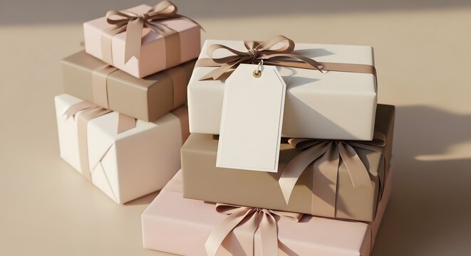 Stack of elegant gift boxes wrapped in cream beige and pink paper with satin ribbons and blank white hanging tag in soft natural lighting on table.