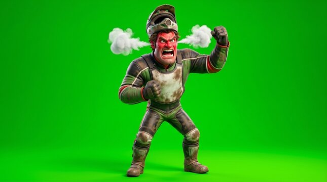 Angry cartoon soldier with steam coming from his head ready to fight.