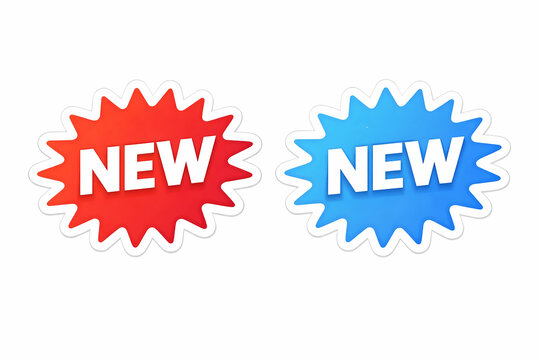 Vector NEW badge in circular starburst shape, vibrant red and blue variations