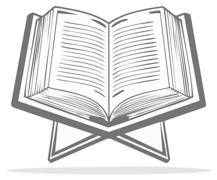 Stylized line art icon of a holy book open on a traditional rehal stand.