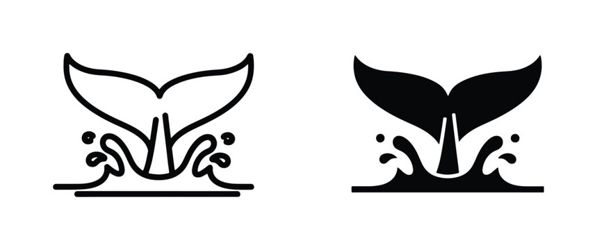 Minimalist whale tail icons with ocean water splash, black line and silhouette whale fluke vector set, nautical marine life logo elements