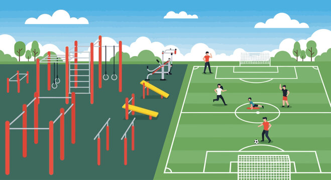 Outdoor Fitness Park and Soccer Field with People Exercising and Playing