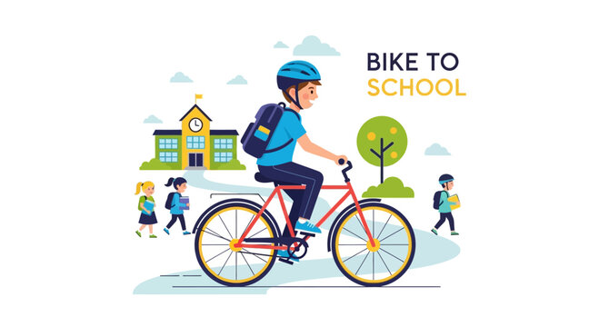 Boy cycling to school with backpack, healthy commute and education concept.