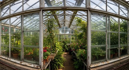 Fototapeta premium Panoramic view of a lush greenhouse interior.