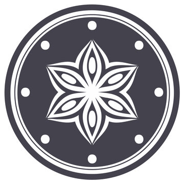 Abstract floral design inside circle with dots, geometric shape on dark background.