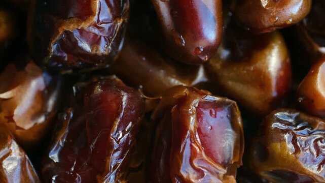 Extreme close up of fresh, sweet, and sticky medjool dates slowly rotating. Dark brown dried fruit texture creating appealing background for healthy eating, vegetarian concepts