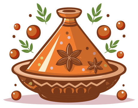 Vibrant Moroccan Tagine Pot Vector Illustration with Star Anise, Herbs, and Spices for Authentic Cuisine