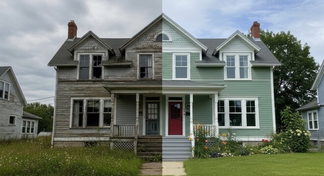 A dilapidated house before and after renovation, showcasing the transformation from a neglected and worn-out structure to a well-maintained and updated home.