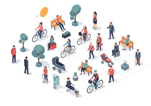 Isometric Vector Illustration of Diverse People in an Urban Park Setting, Featuring Cyclists, Pedestrians, and Benches for Smart City Infrastructure and Community Concept