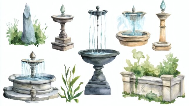 Watercolor illustration of various garden fountains and stone planters with greenery, hand-painted soft textures and subtle colors.