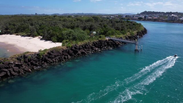 Marlo Beach With Tweed River Seawalls In Fingal Head, New South Wales, Australia. Aerial Drone Shot