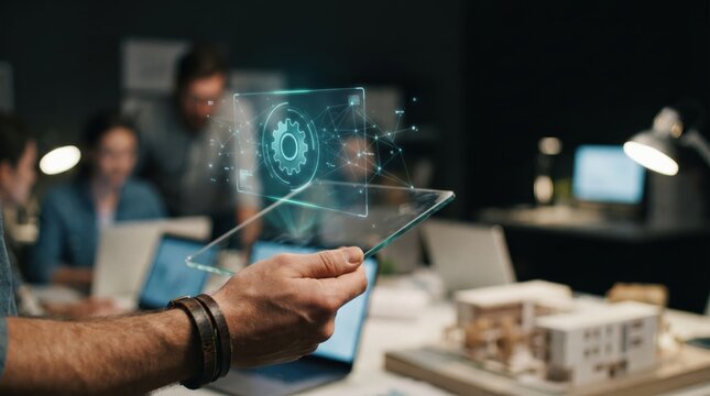 coding bootcamp screen night session concept. Person holding tablet with digital gear icon in futuristic office setting
