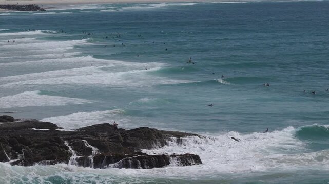 Tourists At Snapper Rocks In Coolangatta, Queensland, Australia - Drone Shot