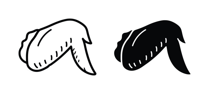 Hand drawn chicken wing vector icons, black and white poultry meat sketches, minimalist fried chicken wing illustrations for restaurant menus