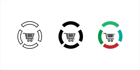 Minimal outline icon set. of shopping cart within circular arrows representing ecommerce cycle, online shopping process, and business workflow. © Sardi