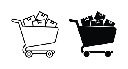 Shopping cart icons with cardboard boxes, retail delivery and e-commerce shipping symbols, black outline and solid vector set for web store © Mashiur