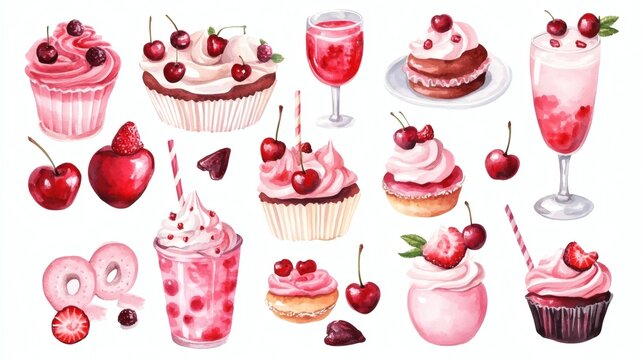 Watercolor cherry desserts set: cupcakes, milkshakes, parfait, donut and cherry fruit, pink-red color palette, whimsical food illustration