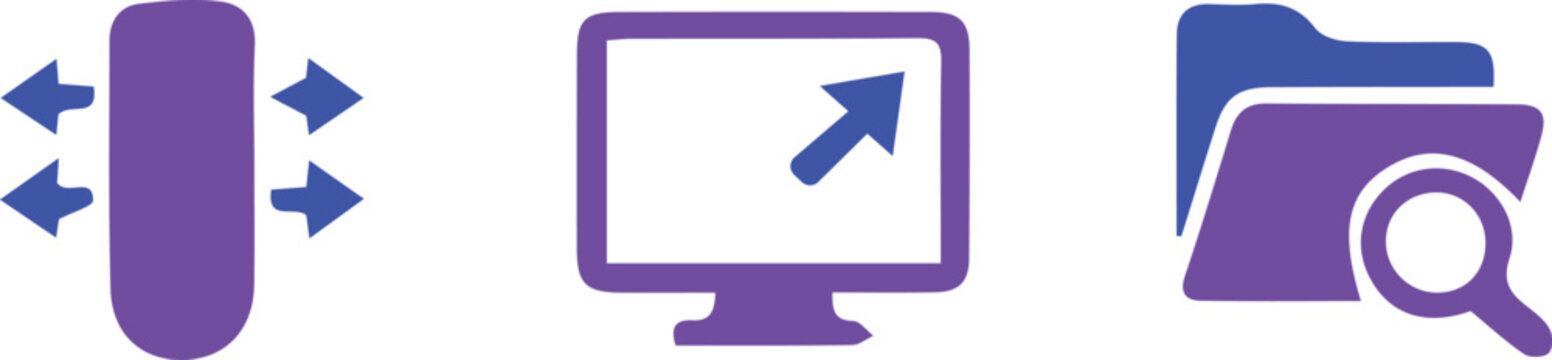Purple Technology and Office Icons Set Vertical Scroll Computer Monitor and Search Folder Vector Illustration