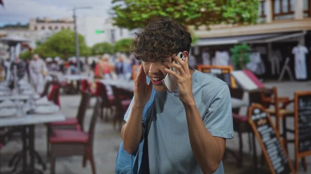 Young man holding smartphone to ear with hand near cheek while speaking in a crowded street cafe, nearby tables and menu visible; concern.