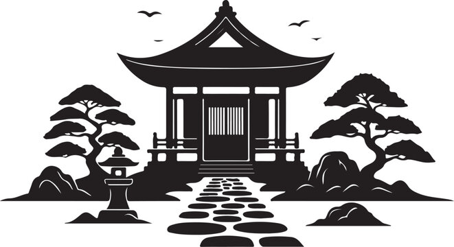Black and white japanese temple with stone path trees lantern