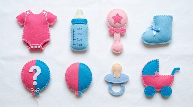 A collection of baby items in pink and blue colors made of felt on a white background