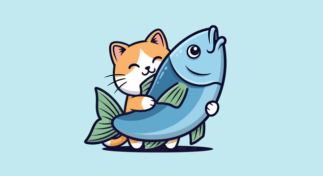 Cute Kawaii Ginger Cat Hugging a Large Blue Fish, Funny Animal Friendship Vector Illustration