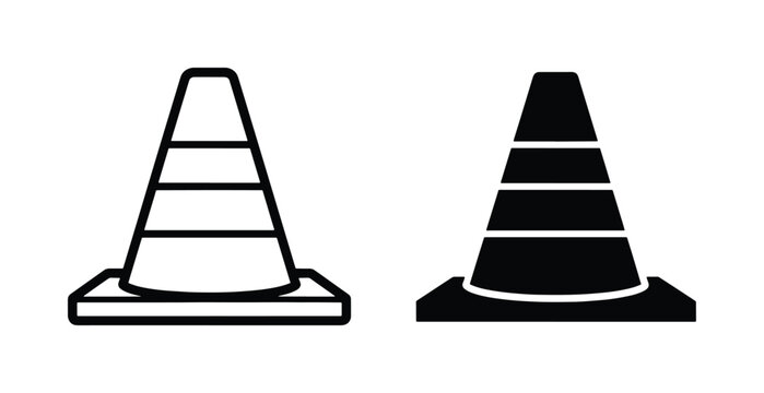 Traffic cone vector icons set, black and white construction pylon symbols, road safety warning sign elements for infrastructure and maintenance projects