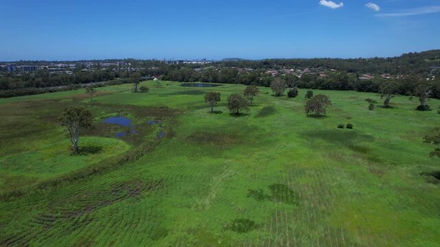 Green Landscape Of Firth Park In Mudgeeraba, Suburb Of The Gold Coast In Queensland, Australia. Aerial Shot