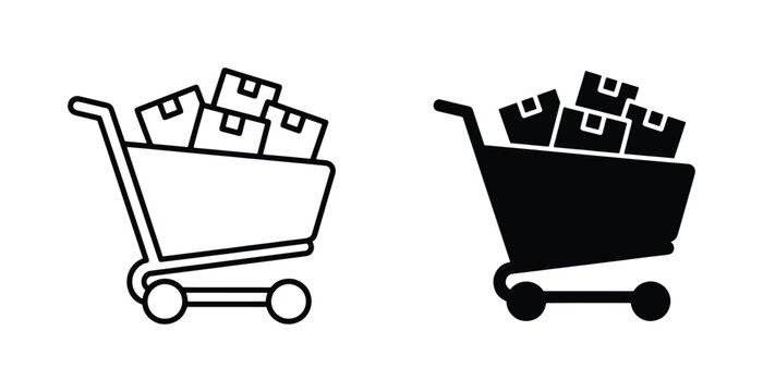 Shopping cart icon set with cardboard boxes, retail delivery trolley vector illustration, e-commerce checkout symbols for online store apps